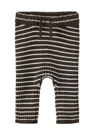 Pantalon bébé tricoté marron avec des rayures horizontales blanches et une ceinture élastique, présenté à plat sur un fond blanc.