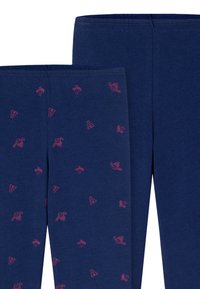 Leggings bleu marine en tissu doux avec un motif rose d'animaux et de lettres, dotés d'une taille élastique et d'une texture lisse.