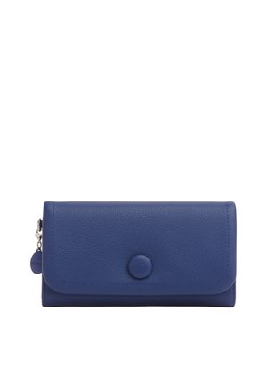 Portafoglio in pelle blu texturizzata con aletta e chiusura con bottone, con un cursore della cerniera rotondo sul lato.