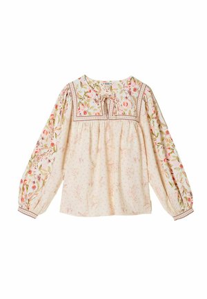 Langärmelige cremefarbene Bluse mit Blumenmustern an Ärmeln und Passe, quadratischem Ausschnitt mit Bindeschluss und kleinem, verstreutem Blumenmuster am Körper.