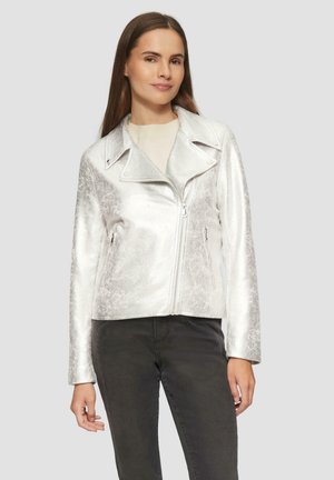 Silver metallic faux leather moto jacket with a pointed collar, zippered front, and side pockets. Features a slightly textured surface.