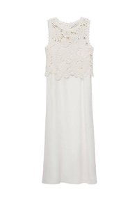 Weißes Kleid mit einem Spitzen-Bustier mit Blumenmuster, das über einem glatten, langen, fließenden Rock schichtet. Runder Ausschnitt und ärmelloses Design.