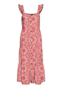 Czerwona sukienka w kwiaty z falbaniastymi ramiączkami, kwadratowym dekoltem, z przodu na guziki oraz warstwową spódnicą. Wykonana z lekkiego materiału.