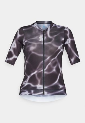 Kortärmad cykeltröja med dragkedja, med ett svart och grått vattentyp mönster. Tillverkad av elastiskt, lätt material.