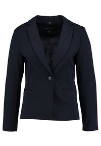 Námorně modrý blazer vyrobený ze strukturované látky; zapínání na jeden knoflík, dvě přední kapsy a klopový límec. Podšitý vzorem s tečkami.