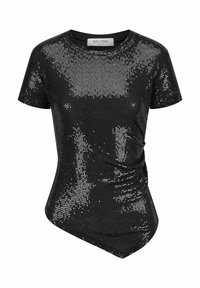 Zwart top met korte mouwen met een sprankelende sequint.textuur, voorzien van een gedraaide zijontwerp en een ronde hals, wat zorgt voor een aansluitende silhouet.