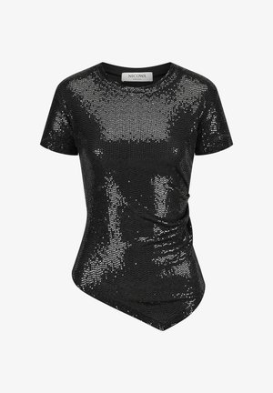 Zwart top met korte mouwen met een sprankelende sequint.textuur, voorzien van een gedraaide zijontwerp en een ronde hals, wat zorgt voor een aansluitende silhouet.