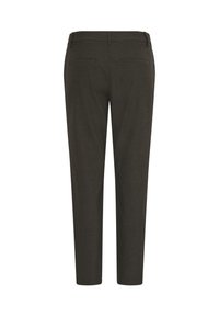 Sötétszürke, testreszabott nadrág, slim fit szabással, két hátsó zsebbel és sima, texturált anyagból készült. Nincs látható záróelem.