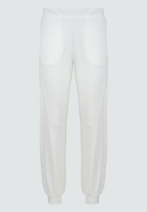 Witte joggerbroeken met elastische tailleband, zijzakken en ribbels bij de boorden. Gladde stof met een iets losse pasvorm en gebogen stikdetails.