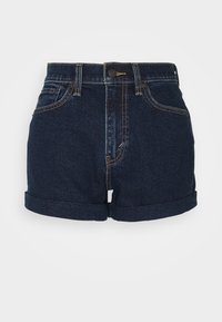 Dark denim shorts with a cuffed hem, high waist, five pockets, and gold stitching details. Made from durable cotton fabric.