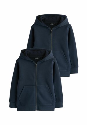 Sweat-shirts à capuche bleu marine avec fermeture éclair, confectionnés en tissu doux, dotés d'une poche avant, de poignets côtelés et d'une capuche avec cordon de serrage. Deux pièces présentées.