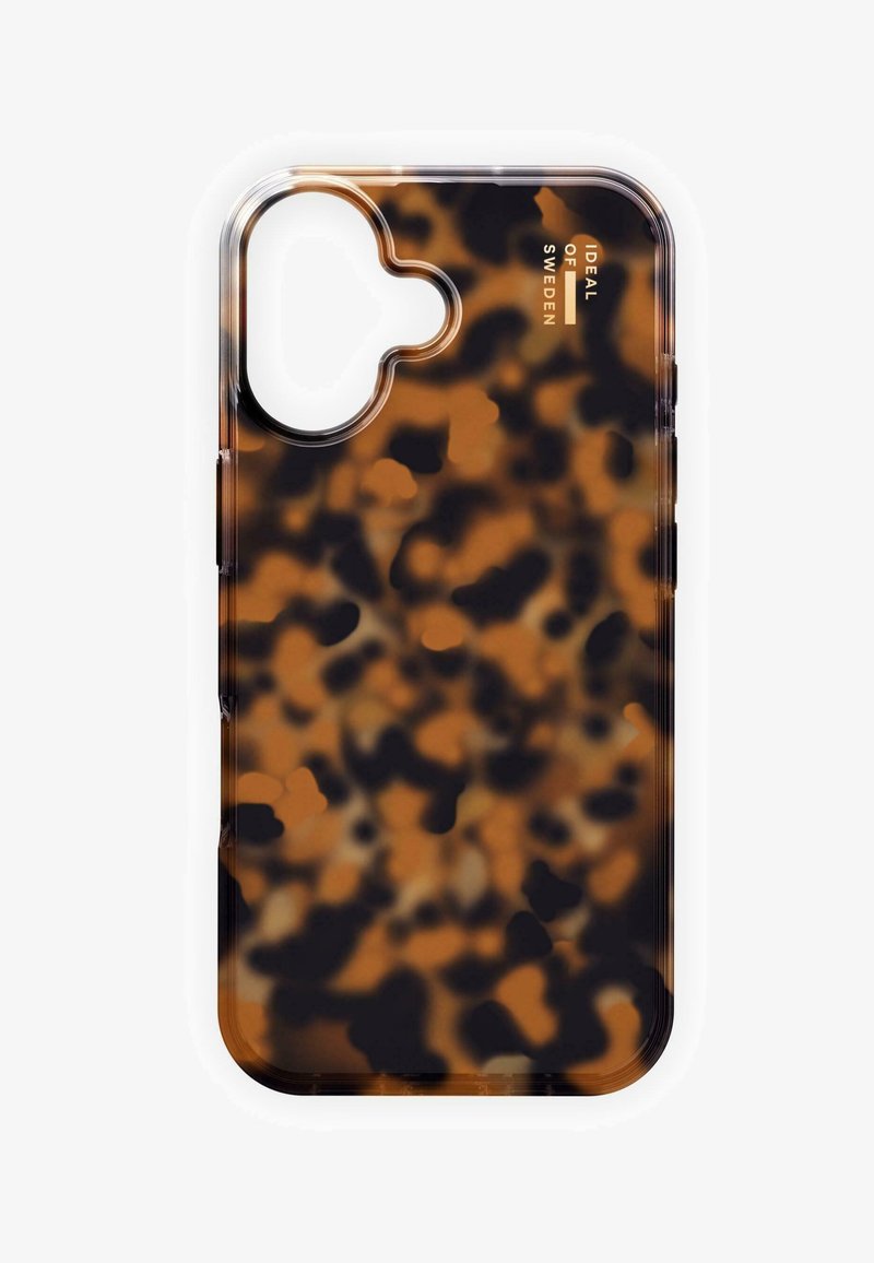 Tortoiseshell-patterned phone case featuring a transparent plastic design with a rounded cutout for the camera. Text present in the corner.