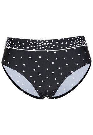 Schwarze Schwimmhosen mit weißen Punkten, hochgeschnittener Schnitt, glatte Textur und kontrastierendes, einfarbiges Futter. Verfügt über ein dezentes weißes Akzentband.