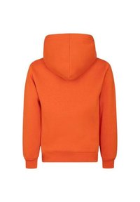 Felpa arancione con cappuccio realizzata in tessuto morbido. Presenta una tasca a marsupio e polsini e orlo a coste. Tessuto liscio con un design semplice.