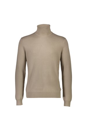 Beige coltrui gemaakt van soepel materiaal, met lange mouwen en geribbelde manchetten, een aansluitende pasvorm en een minimalistisch ontwerp.