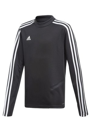 Schwarzer sportlicher Sweatshirt mit langen Ärmeln, ausgestattet mit drei weißen Streifen auf jedem Ärmel und einem hohen Kragen, aus glattem Stoff gefertigt.
