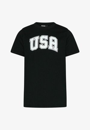 T-shirt en coton noir à manches courtes avec le texte "USA" en grandes lettres blanches, design arrondi et col rond.