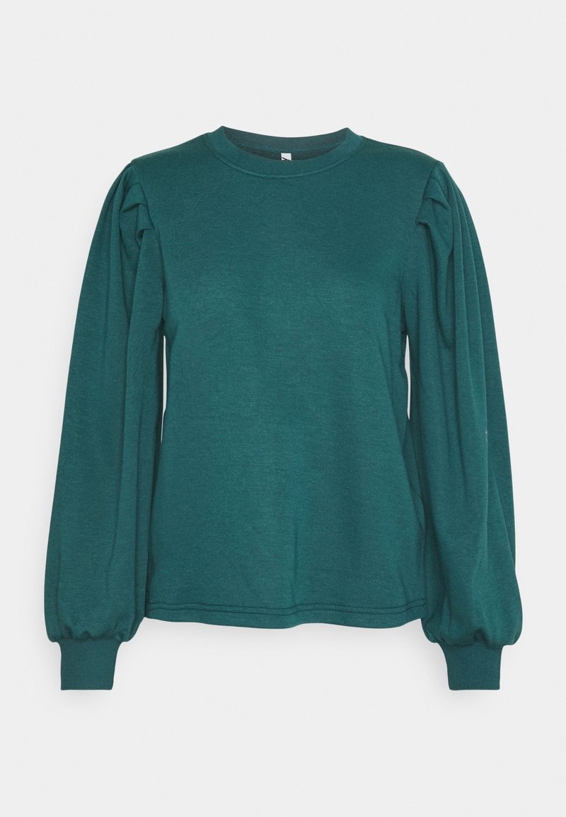 Top de manga larga en color verde azulado con escote redondo, mangas abullonadas y puños acanalados. Confeccionado en una suave tela texturizada.