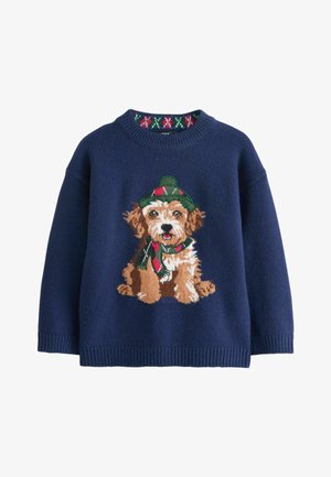 Mørkeblå striktrøje med et detaljeret hundedesign, der har en grøn hat og tørklæde. Teksturerede manchetter og kant med en farverig mønstret indvendig krave.