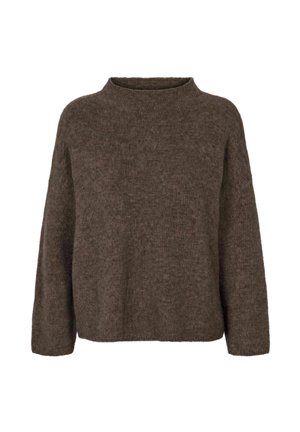 Pull en laine marron tricoté avec manches longues et col rond haut, présenté sur fond blanc.