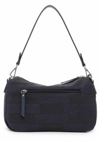 Granatowa torebka crossbody z teksturowanej tkaniny, z zamykaną na zamek kieszenią, regulowanym paskiem na ramię oraz zaokrąglonym kształtem.