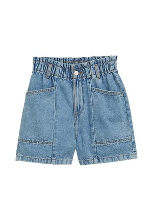 Džinsi šorti ar elastīgu jostasvietu, gaiši zilā krāsā, četriem kabatām un redzamu šuvju detaļu gar šuvēm.