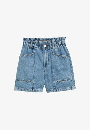 Jeans-Shorts mit elastischem Bund, hellblauer Farbe, vier Taschen und sichtbaren Nahtdetails entlang der Nähte.