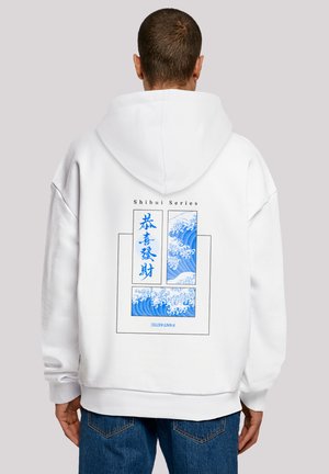 White hoodie with a blue wave graphic and text on the back. Features a drawstring hood and loose fit. Cotton material.