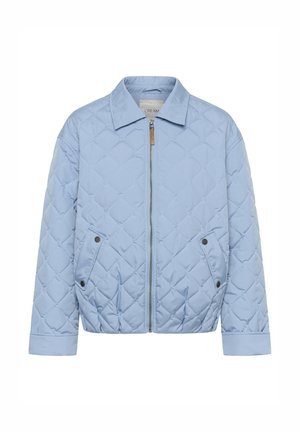 Quilted light blue jacket with a collar, front zipper, and side pockets. Features a soft texture and geometric stitching pattern.