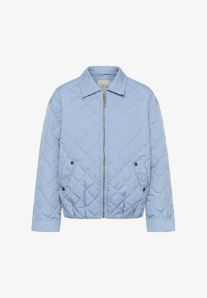 Quilted light blue jacket with a collar, front zipper, and side pockets. Features a soft texture and geometric stitching pattern.