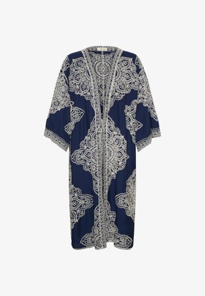 Tumesinine avatud esiküljega kimono laiade varrukatega, millel on suured keerukad valged pitsilaadsed lille- ja geomeetrilised mustrid.