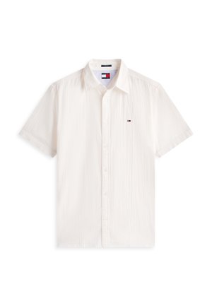 Camicia bianca a maniche corte con bottoni, tessuto strutturato e piccolo logo Tommy Hilfiger sul petto sinistro.