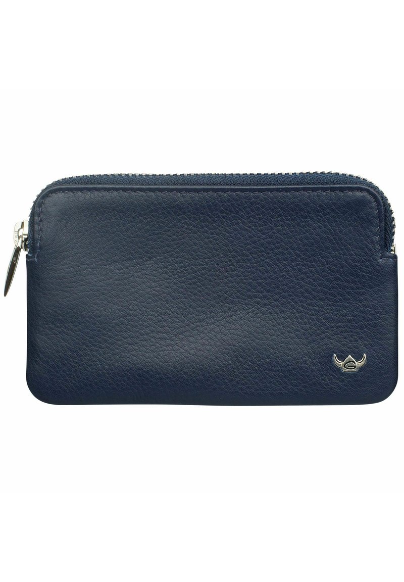 Portefeuille en cuir navy avec une finition texturée, fermeture zippée et un petit logo argenté en bas à droite.