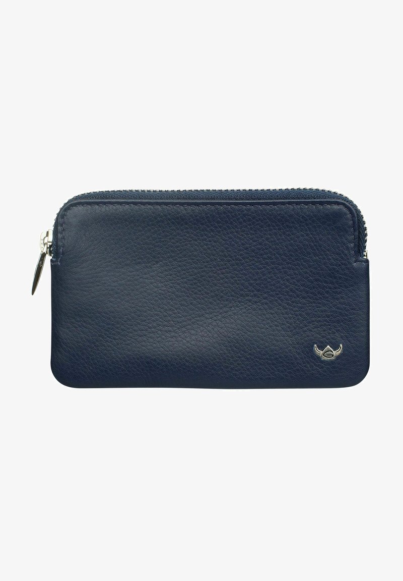 Portefeuille en cuir navy avec une finition texturée, fermeture zippée et un petit logo argenté en bas à droite.