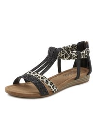 Zwarte sandalen met dierenprint, voorzien van structuur straps, decoratieve kralen en een gewatteerd voetbed. Lage wigzool voor extra comfort.