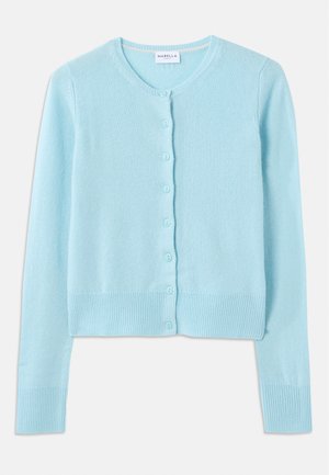 Light blue cardigan made of soft fabric, featuring a round neckline, long sleeves, and button closure with ribbed cuffs and hem.