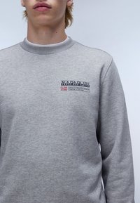 Sudadera gris claro con cuello redondo y puños de canalé. Presenta un logo impreso y texto en el lado izquierdo del pecho con un pequeño detalle de bandera.