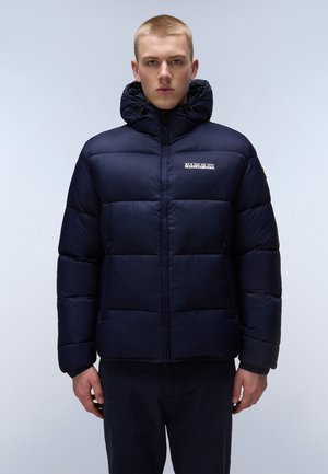 Navy puffer jacket with a high collar and adjustable hood, featuring quilted sections and a front zipper. Brand logo on the chest.