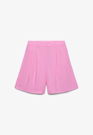 Shorts roses taille haute avec plis devant, passants de ceinture et fermeture éclair avant dissimulée, présentés à plat sur fond blanc.