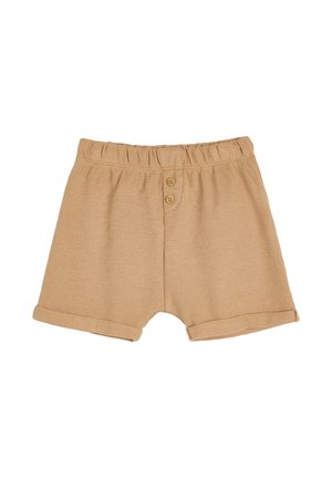 Shorts beiges en tissu côtelé, dotés d'un ourlet replié, d'une taille élastique et de deux boutons en bois à l'avant.