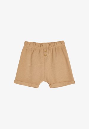 Beige shorts van ribbelstof, met een omgeslagen zoom, een elastische tailleband en twee houten knopen aan de voorkant.