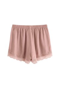 Rosa satinshorts med en mjuk textur, med en elastisk midja och delikat spetsdetalj vid fållen.