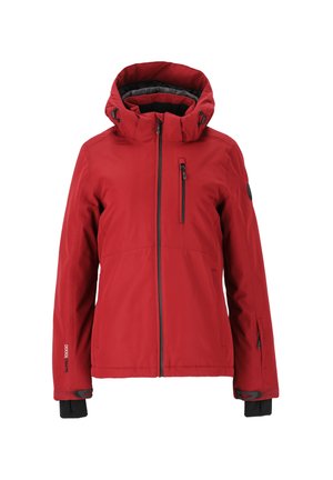 Red insulated jacket with a hood, featuring a front zipper, zippered chest pocket, and adjustable cuffs. Matte finish with black accents.
