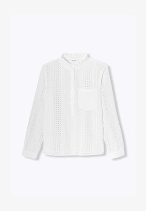 Chemise blanche en tissu œillet avec un motif texturé, un col arrondi, une fermeture à boutons sur le devant et une poche poitrine. Manches longues avec poignets.