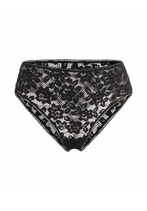 Svart högmidjad spetsunderkläder med blommönster, semitransparent mesh-tyg och vågiga kanter.