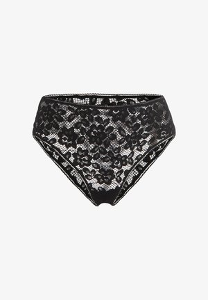 Svart högmidjad spetsunderkläder med blommönster, semitransparent mesh-tyg och vågiga kanter.