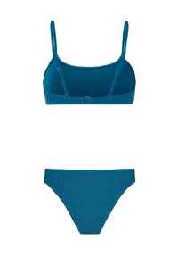 Tyrkysový bikiny set s textúrovaným vzorom, nastaviteľnými ramienkami na hornom diely a nízkym pásom na spodnom diely. Hladká látka s minimálnym kovovým príslušenstvom.