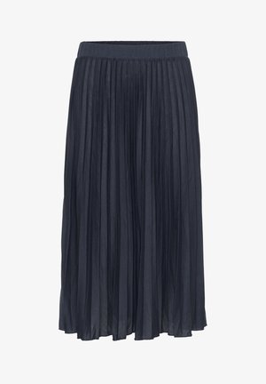 Tume sinine volditud seelik, millel on kerge materjal. Omaduseks on lai vöökoht ja voolav disain, mis ulatub keskmist säärteni.