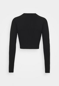 Black cropped long-sleeve top with crew neckline, shown from the back against a plain white background.