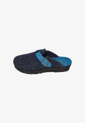Dunkelgrauer Filzschuh mit einem blauen Filzriemen und Schnalle. Verfügt über eine strukturierte schwarze Gummisohle. Offenes Rückendesign für einfaches An- und Ausziehen.